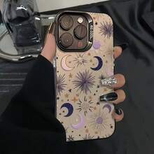1pc Black Matte Laser Holographic Energetic Shell With Colorful Fireworks, Sun, Star, Moon Design Phone Case, Compatible With IPhone 16 Pro Max, 17/16/15/14 Plus, 13/12/11, Air, And Series - Multicolor - View 1