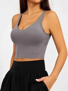 1 pezzo Canotta sportiva casual da donna senza maniche, stile versatile e abbinabile con tessuto elastico, adatta per fitness, yoga, allenamento, corsa, top senza schienale - Grigio Scuro - Visualizzare 7
