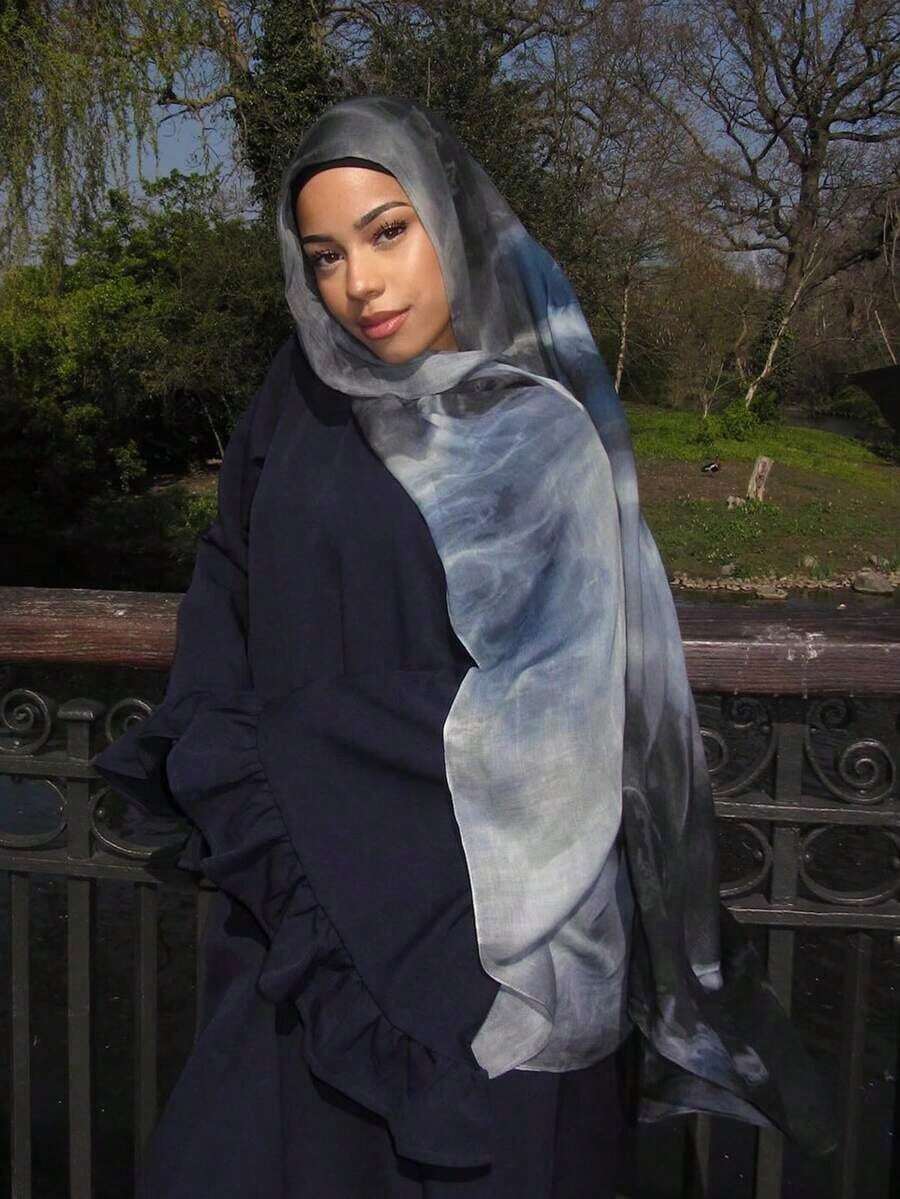 1pc Women's Bohemian Style Watercolor Tie-Dye Print VELA Headscarf/Scarf, Casual Soft Windproof Shawl, Suitable For Daily Wear - 電光靛藍 - 查看 1