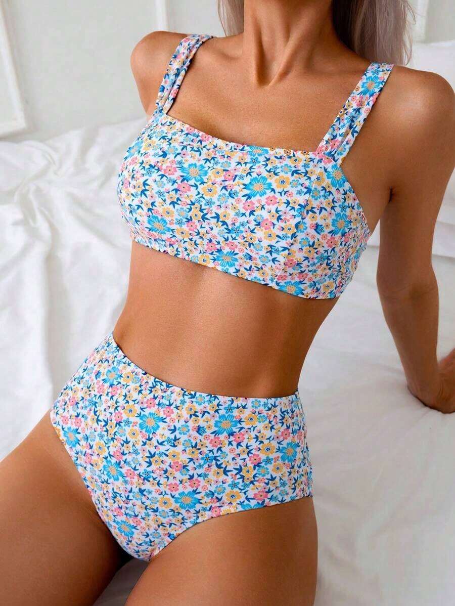 Random Ditsy Floral Printed Beachwear Set Summer - 藍色 - 查看 1