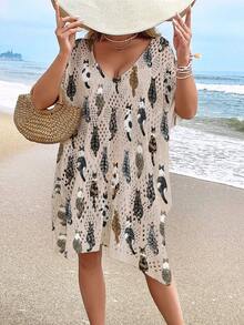 Women's Beach Cover-Up, Fashion Casual Hollow Out Printed Swimsuit Cover-Up (Bikini Not Included) - Multicolor - View 3