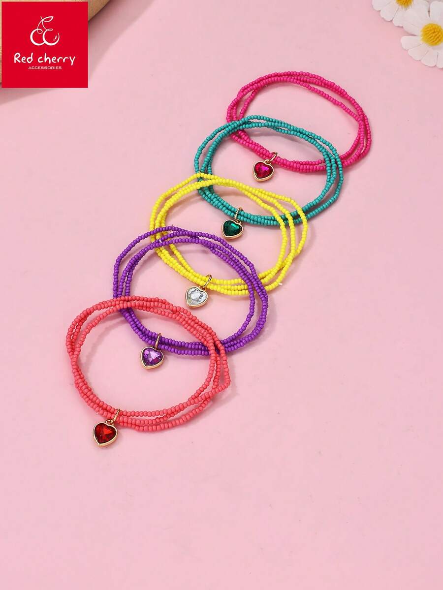 Bộ 5 chiếc vòng tay trẻ em kiểu Bohemian thanh lịch, nhiều lớp, làm thủ công, đính đá pha lê hình trái tim, thích hợp đeo hàng ngày, làm quà tặng hoặc dự lễ hội. - Nhiều màu - Xem 1