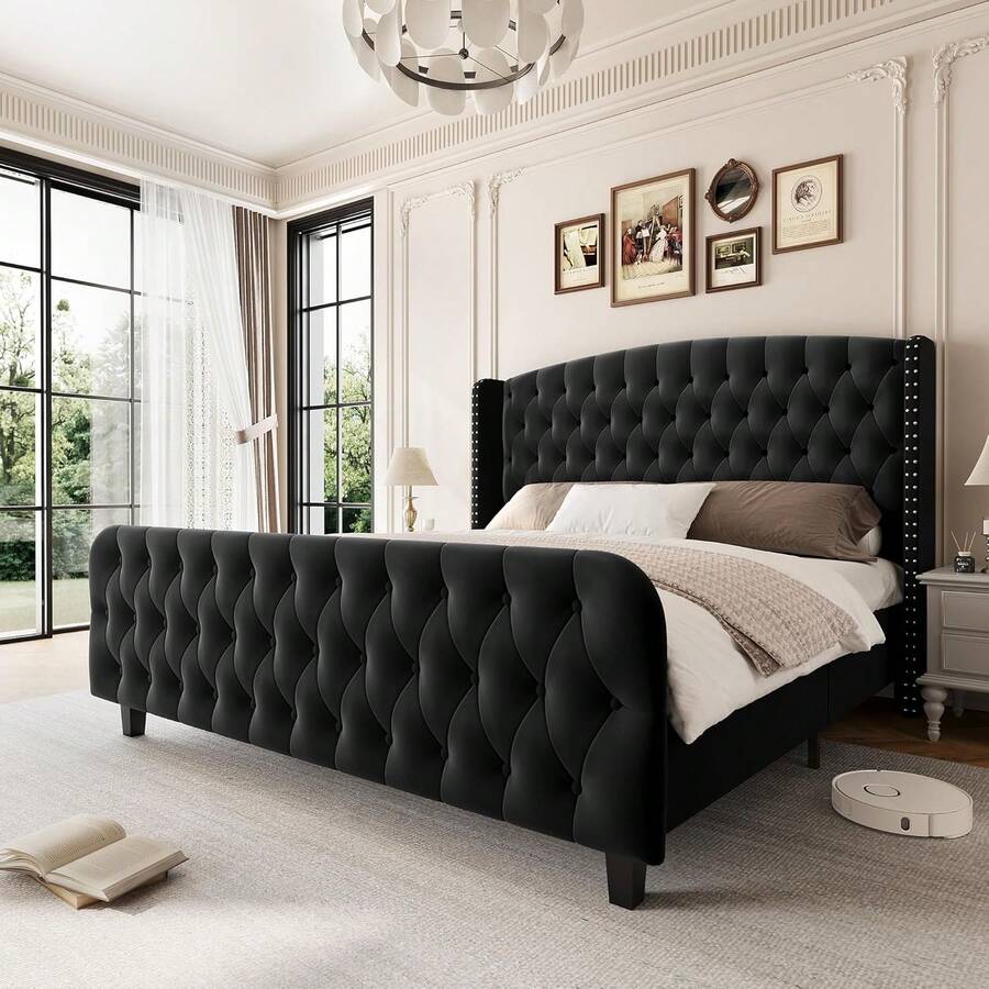 Marco de cama tapiceada de terciopelo, Cama de plataforma reina / rey con cabecera y pie de espalda con botón profundo, No se necesita muelle de caja, Capacidad de 1000lb - Negro-Queen Size - Ver 1