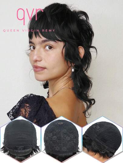 QVR QUEEN VIRGIN REMY QVR Mullet Full Machine Made Human Hair Wigs For Women Glueless Pixiecut Curly Wigs With Bangs Body Wave Brazilian 100% Virgin Human Hair Wig Dovetail Wear And Go Human Hair Wigs 150% Density Wolf Cut Hairstyles Wig For Woman Man Chid
