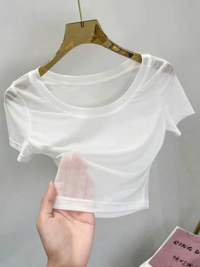 Cropped Undershirt, Sheer Tight Lace Blouse, Mesh Short Sleeve T-Shirt For Women