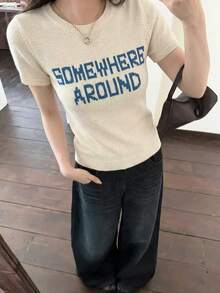 Women's Spring/Summer Retro Casual Short-Sleeve Knit Sweater | Round Neck Top With Letter Jacquard Pattern - Apricot - View 4