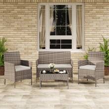 4-Piece Outdoor Furniture Set, PE Rattan Wicker Chairs With Soft Cushions & Tempered Glass Coffee Table - All-Weather Patio Set For Garden, Backyard, Porch, Poolside - 灰色 - 查看 7