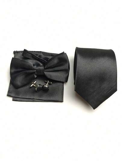 4pcs Men's Business Fashion Versatile Solid Color Polyester Necktie, Bow Tie, Pocket Square & Cufflinks Combination Set, Suitable For Weddings, Ceremonies And Daily Wear