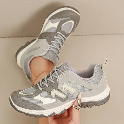女士圆头厚底系带网面拼接舒适运动休闲鞋，简约徒步鞋，适合休闲和跑步