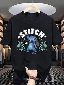Disney Men's Casual T-Shirt, Stitch "Tropical Starlight" Print (Black Front), Bold & Cute Design, Ideal For Lilo & Stitch Fans & Casual Fun - 黑色 - 查看 1