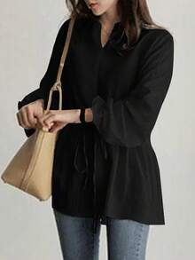 Plus Size Women V-Neck Drawstring Waist Casual Blouse, Loose Fit Long Sleeve Tie Front Shirt For Commute/Daily Wear Black Spring - Black - View 3