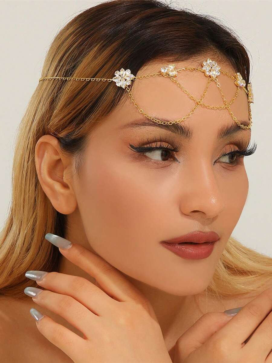 Lanț de cap luxos pentru femei cu zirconiu, bijuterii elegante pentru petrecere - Aur - Vizualizare 1