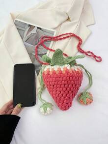 1pc Handmade Colorful Knitted Strawberry Drawstring Crossbody Bag, & Cute Strawberry Purse Valentines - 粉色 - 查看 2
