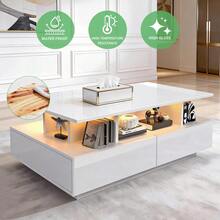 Coffee Table With Storage, High Glossy 16 Color Adjustable LED Coffee Tables For Living Room, White Coffee Table With Open Display Shelf And 4 Drawers, Modern Wooden Rectangle Tea Table - White - 90*55*41cm - View 5