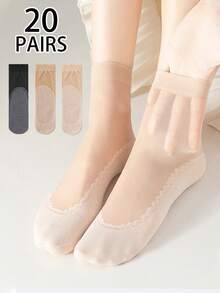 1/5/10/20 双装女士夏季超薄袜子，防勾丝、耐磨、防滑、无缝、裸色透明水晶袜 - 彩色 - 查看 1