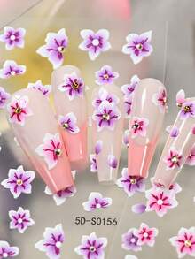 2 piezas Pegatinas de uñas 5D con flores de cerezo rosas y moradas, decoraciones de pétalos primaverales y veraniegos, calcomanías de flores de 5 pétalos estilo Y2K para arte de uñas - Multicolor - Ver 8