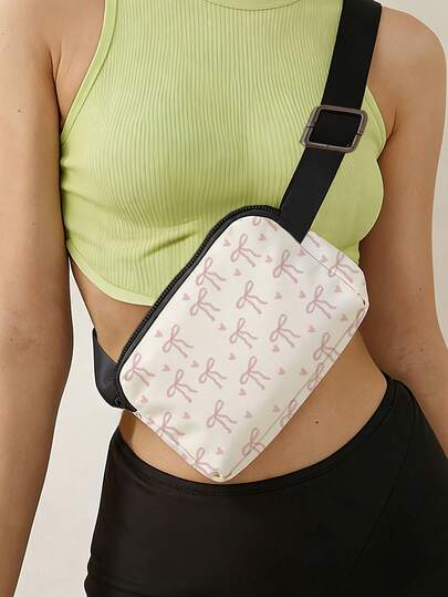 Pink Bow Design Fashion Waist Bag, Portable Chest Bag, Multifunctional Crossbody Bag, Can Store Lipstick, Makeup Brushes, Skincare, Phone, Coins, Small Items, Suitable For Travel, Camping, Running, Hiking, Cycling, Beach, Swimming Pool, Gym, Mother's Day Gift, Travel Essential