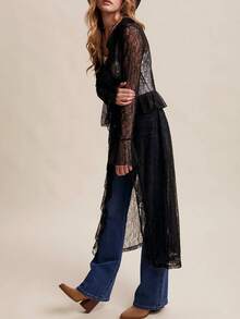Women Lace Mesh Flowy Maxi Top Tie Front Cardigan Sheer Long Sleeve Ruffled Layering Shirt Cover Up - Black - View 5