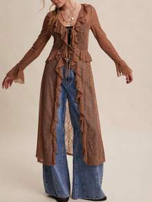 Women Lace Mesh Flowy Maxi Top Tie Front Cardigan Sheer Long Sleeve Ruffled Layering Shirt Cover Up - 紅棕色 - 查看 3