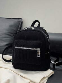 多口袋迷你灯芯绒便携通勤拉链时尚简约休闲背包/斜挎包，适合女性日常使用 - 黑色 - 查看 9