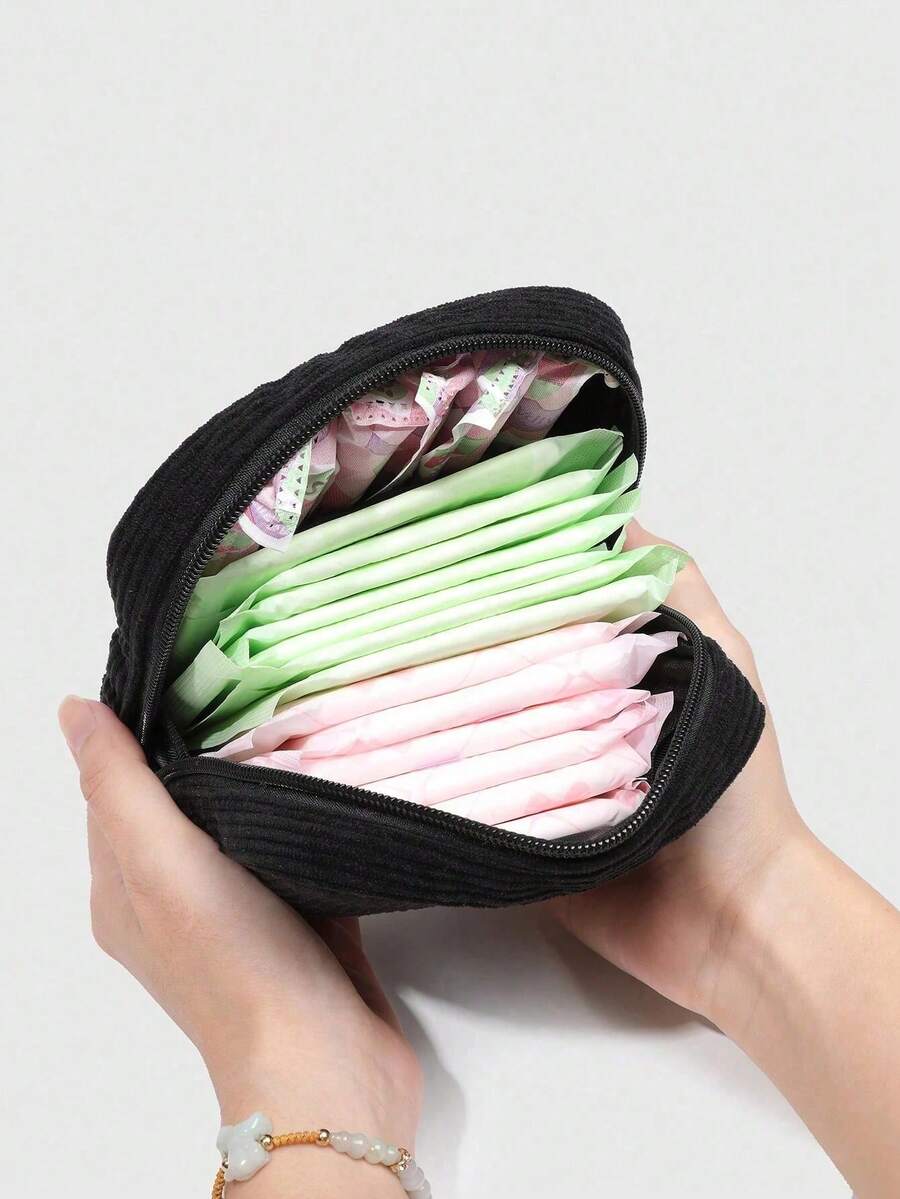 1个黑色灯芯绒卫生化妆包/卫生巾包，时尚休闲便携化妆包/卫生巾包，可收纳钱包、口红、卫生巾、零钱、钥匙、耳机、耳塞等配件，可爱洗漱包，可收纳耳环、手镯、项链、眼镜、时尚眼镜等，适合女孩使用。 - 彩色 - 查看 1