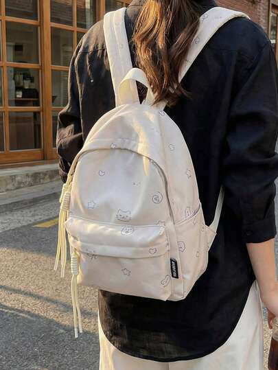 Ba lô nữ họa tiết mèo hoạt hình và ngôi sao, thiết kế dễ thương nữ tính, ngăn trước + ngăn chính hai lớp, khóa kéo bện, phù hợp cho đi làm, đi học, du lịch, ngọt ngào và đa năng thể hiện cá tính trẻ trung.