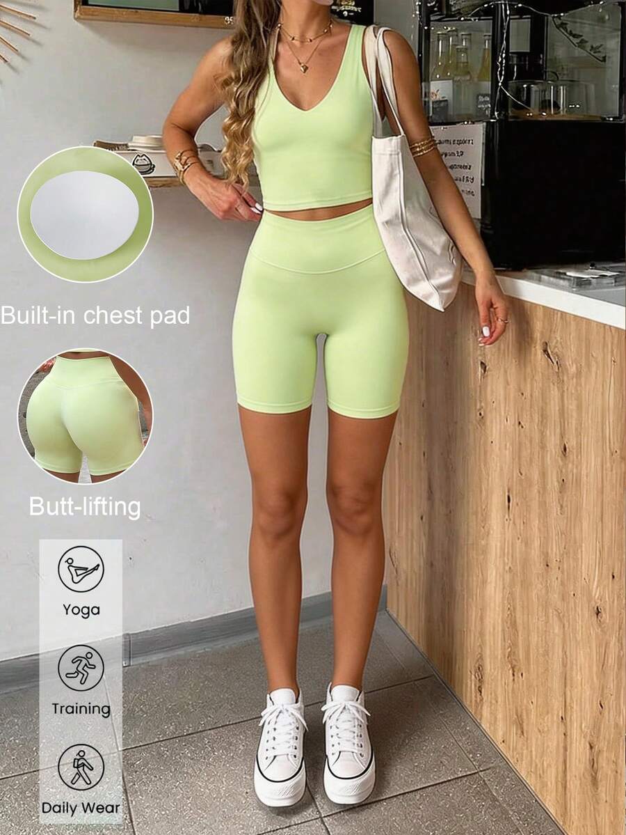 GAOVOT 女士性感V领带垫上衣和高腰短裤两件套，适合跑步、运动、瑜伽、夏季健身 - 淡綠色 - 查看 1