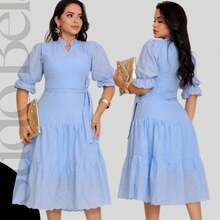 Women's White Midi Dress In Cotton Lace, Lined, Suitable For Church, Wedding, Engagement, Anniversary, Civil Ceremony, Elegant, Evening, Not See-Through - 淺藍色 - 查看 12