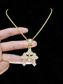 1pc Cubic Zirconia Cross Pendant & 1pc Stainless Steel Twisted Chain Necklace, Unisex Hip Hop Punk Pendant Necklace, Fashionable Vintage Jewelry, Suitable For Daily Wear Or Party, Gift For Valentine - 黃金 - 查看 2