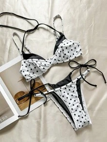 Women's Retro Polka Dot And Striped Bikini Swimsuit, Casual And Fashionable For Vacation, Music Festivals, Cup Races, Kentucky Derby, Summer Beach. - 黑色 - 查看 3