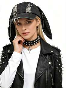 1 chiếc mũ lưỡi trai nữ kiểu Y2K tai thỏ rách rưới, mũ snapback phong cách đường phố hip hop độc đáo. - mũ thỏ - Xem 3