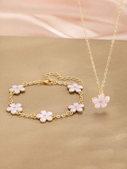 2pcs Beautiful Sweet Fashion Gold Chain Pink Five-Petal Flower Pendant Necklace Bracelet Set Suitable For Girls As Daily Wear Accessory Gift For Summer Beach Party Vacation Holiday Jewelry