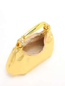 2026春夏新款女士手提包，纯色PU皮革，金属手柄，云朵形褶皱简约拼接优雅女士托特包，奢华褶皱包，适合晚宴等场合 - 金色 - 查看 9