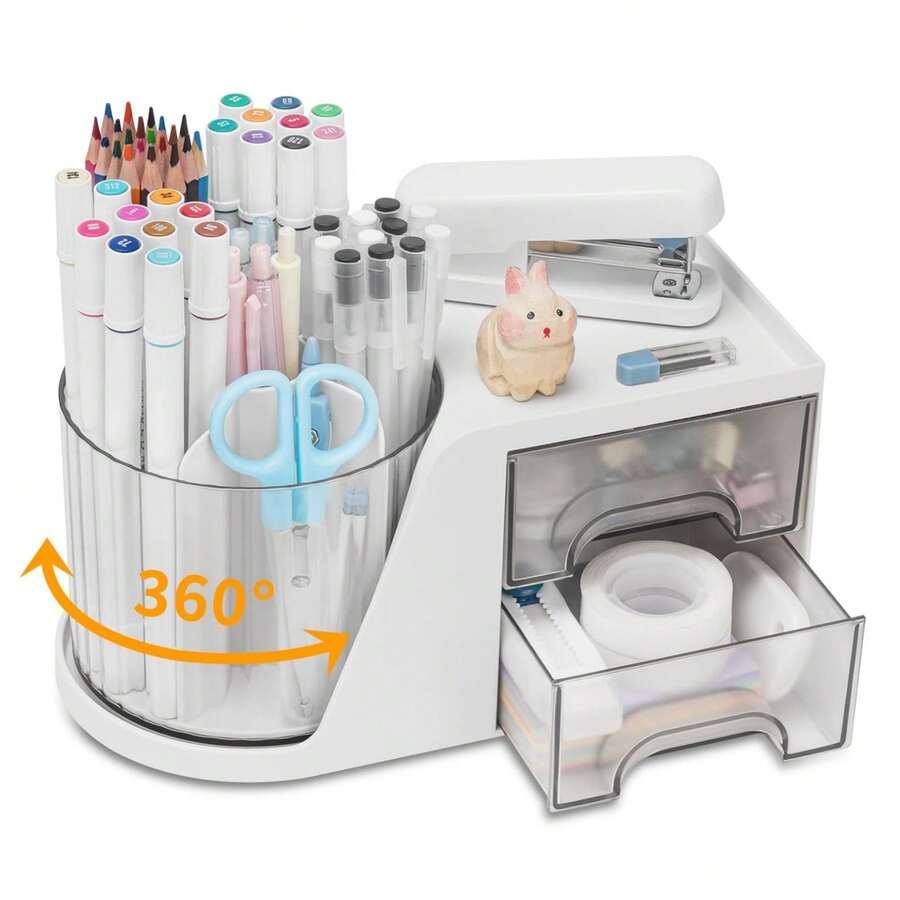 1 Set Rotating Pen Holder, Office Desk Organizer With 2 Small Drawers, Large Capacity Pen Holder, Desktop Storage Rack, Student Pen Holder Storage Box, Desktop Display Box, Dorm Storage, Stationery Storage, Back To School Supplies