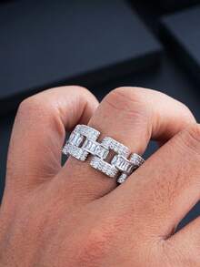 1 chiếc nhẫn đồng khảm đá Zirconia hình học rỗng, nhẫn unisex phong cách hip-hop cá nhân hóa, toàn bộ bằng đá Zirconia. - Vòng hình học - Xem 5