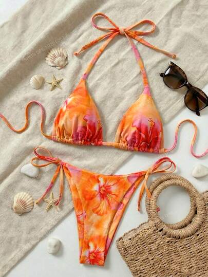 Sweetra 女士随机印花吊带比基尼套装，夏季