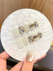 10PCS [ Tender Tofu ] Handmade Pressed White Polka Dot Diamond High Texture Explosive Pure Handmade Wearable Nail Suitable For Girls And Ladies To Wear At Ball Parties. The Pressed Square Nail Comes With Jelly Glue And Rubbing Strips As A Gift - Multicolor - View 7