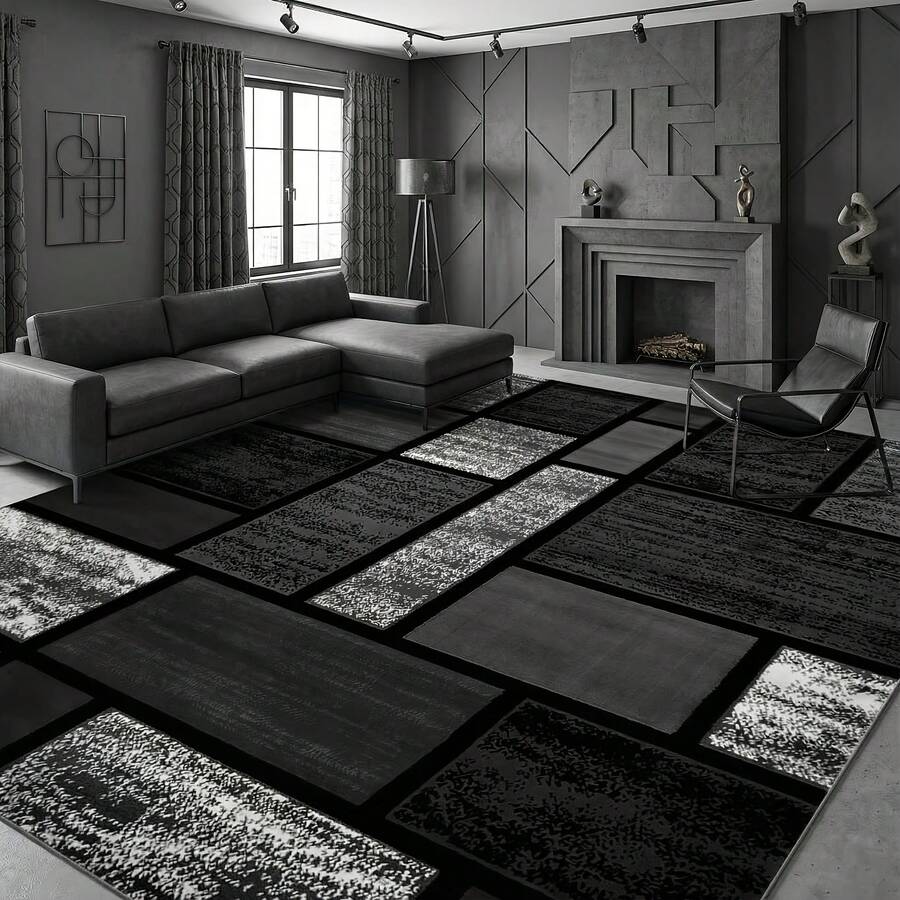 Luxurious Gray-Black Modern Bohemian Geometric Carpet - Thick, Large-Sized Rectangular Design, Suitable For High-Traffic Areas And Bedrooms, Made Of Soft Material With A Backing - 1PC - Xem 1