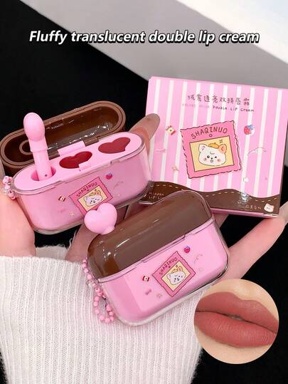 SHAQINUO 1pc Matte & Glossy Dual-Tone Lip Cream With Lip Brush, Moisturizing Long-Lasting Natural Versatile Portable Dual-Color