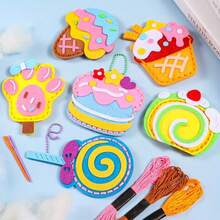 Set de 6 piezas de kit de manualidades de costura de postres y pasteles para niños, paquete de materiales de fieltro para hacer monederos y colgantes, regalo de cumpleaños para niñas, manualidades DIY para mejores amigas, interesante para principiantes, fácil de aprender, materiales textiles mixtos - Multicolor - Ver 9