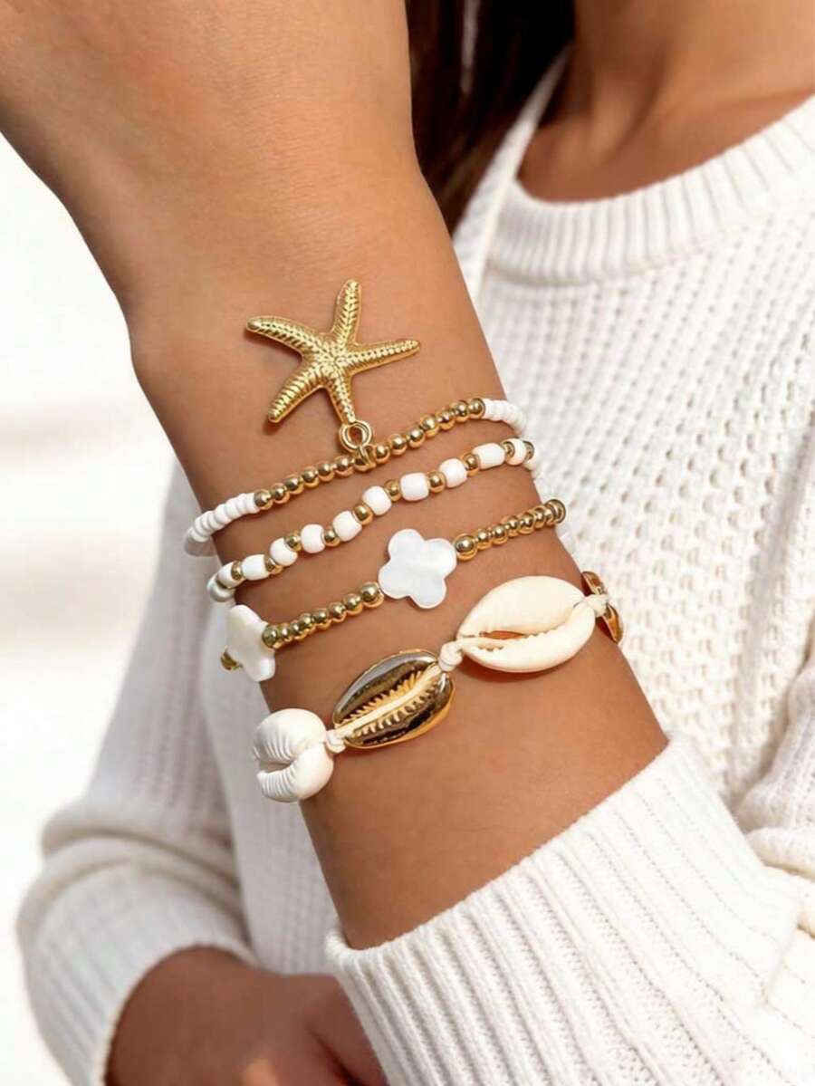 3pcs/Set Bohemian Style CCB Resin Flower & Starfish Beaded Bracelet Set, Niche Gift For Women Beach Vacation
