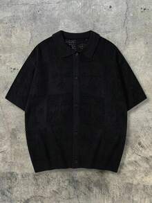 ANDREILEE 春夏男女通用 Polo 领休闲街头百搭通勤半透明纽扣短袖开衫针织衫，黑色毛衣 - 黑色 - 查看 1