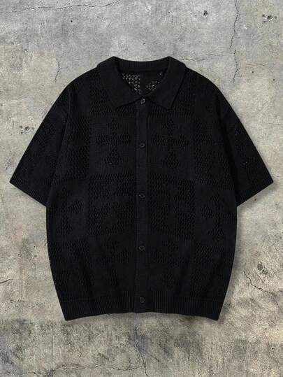  ANDREILEE Spring/Summer Unisex Men's Polo Collar Casual Street Versatile Commute Semi-Sheer Button Short Sleeve Cardigan Knit Top, Black Sweater