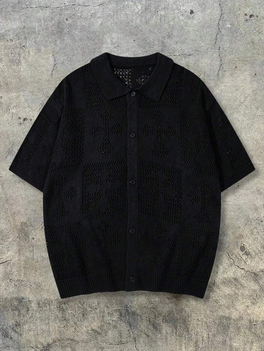 ANDREILEE 春夏男女通用 Polo 领休闲街头百搭通勤半透明纽扣短袖开衫针织衫，黑色毛衣 - 黑色 - 查看 1