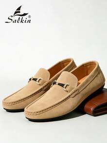 Salkin 经典男士莫卡辛鞋，奢华麂皮乐福鞋，柔软皮革商务休闲鞋，适合日常办公、派对、婚礼、正式场合、浪漫晚餐、节日礼物、休闲校园穿着以及学院风穿搭。建议选择大一码的尺码。 - 卡其色 - 查看 8