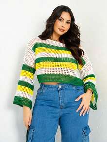 Plus Size Cropped Blouse Brazil World Cup Short Knit Off-Shoulder Cutout Fabric Brazil Look - 白色/黃色/綠色 - 查看 5