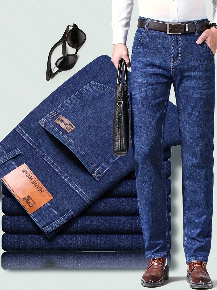 Men's Solid-Color Pure Cotton Slim-Fit Jeans Solid Dark Blue Slim Fit Long-Length Dark-Wash Denim Washed Workwear Style Perfect Gift For Husbands Or Boyfriends Office Commuting Casual Outings Work Or Vacation Urban Style - 常規藍色L30 - 查看 1