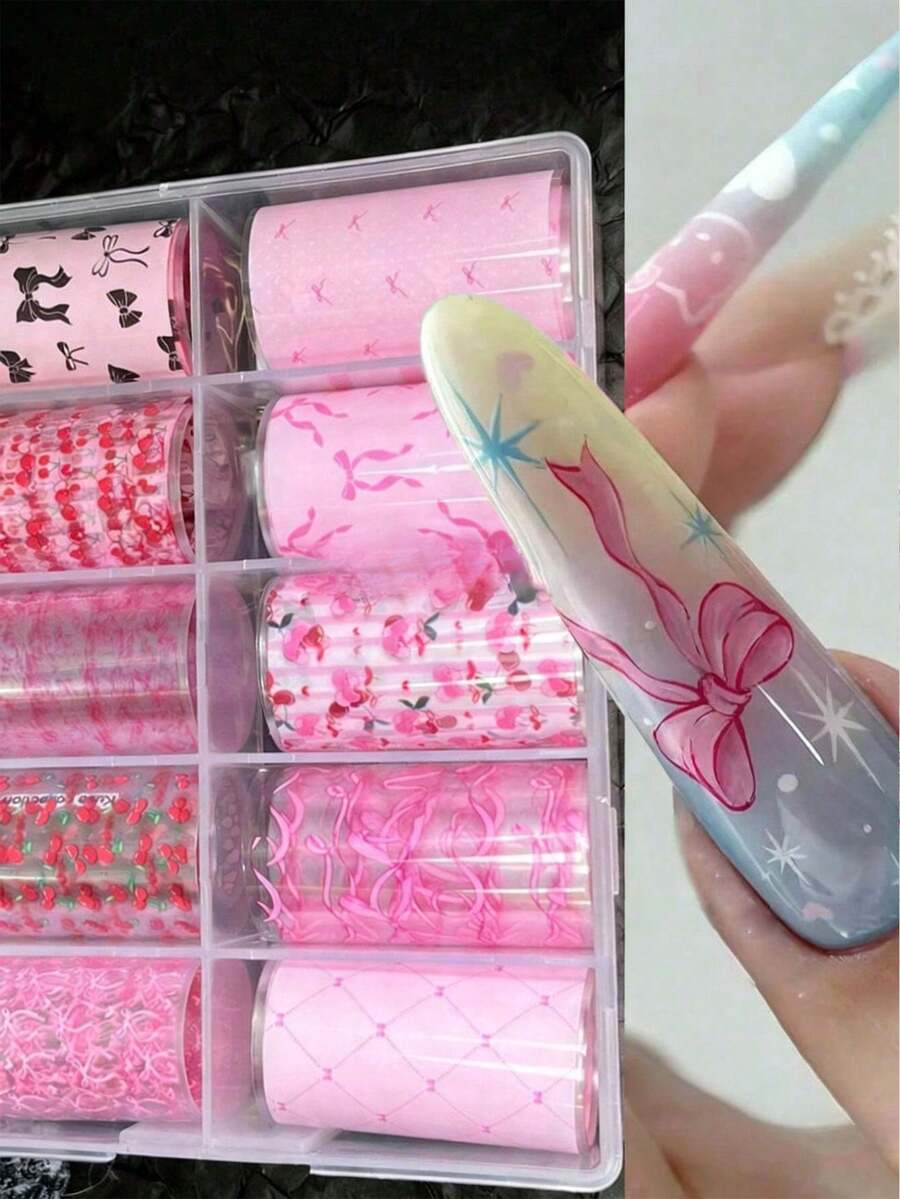 10片可爱蝴蝶结樱桃印花美甲贴纸,美甲用品,激光星空美甲贴花,秋季美甲装饰(女士款) - 彩色 - 查看 1