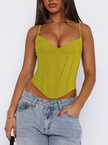 女士性感优雅紧身胸衣，少女修身露脐短款夏季上衣 - 黃色 - 查看 2
