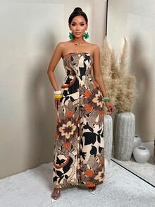 AIJ Bộ jumpsuit ống rộng xếp ly in họa tiết cổ điển dành cho nữ (họa tiết ngẫu nhiên), gợi cảm và phù hợp cho kỳ nghỉ hè thanh lịch. - Hoa màu nâu mơ - Xem 6